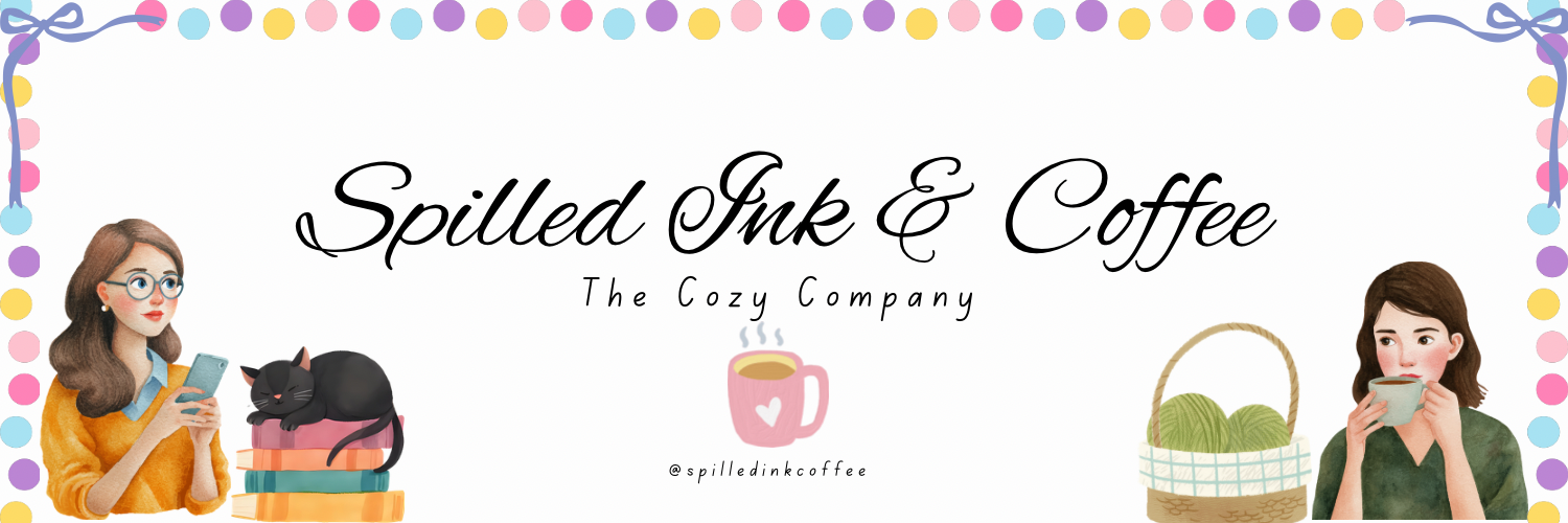 A logo for 'Spilled Ink & Coffee' featuring the text 'The Cozy Company' with illustrations of a woman holding a phone, a black cat on stacked books, and another woman sipping from a mug, along with a basket of yarn, decorated with colorful dots and a bow.