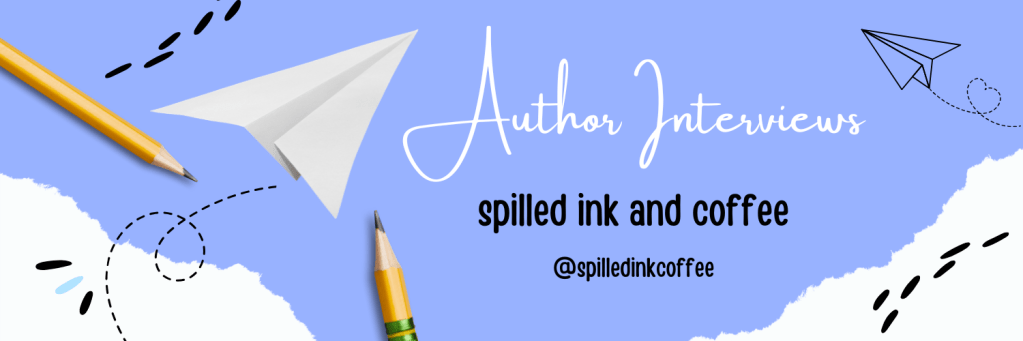 Graphic featuring the text 'Author Interviews' and 'spilled ink and coffee' on a light blue background. Includes images of a paper airplane, a yellow pencil, and a green pencil, along with dashed lines for a playful effect.